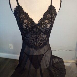 Black Sheer Mesh Baby Doll Set with Lace Accents and Cross Back Design